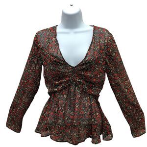 Zara Fall Floral Babydoll Blouse S Sheer Ruched Peplum Boho Cottagecore Romantic